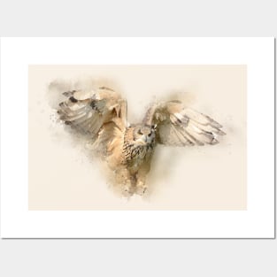 Watercolor Eagle Owl Hunting Posters and Art